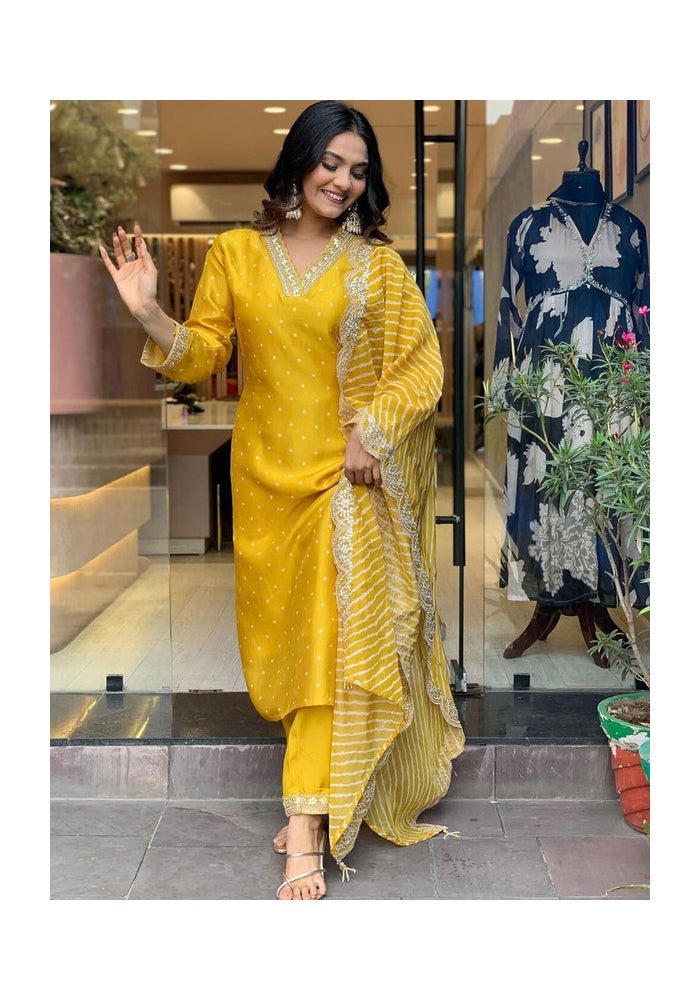 Malishka Export Chanderi Embroidery Yellow Kurta Pant With Dupatta for Women - Image 3